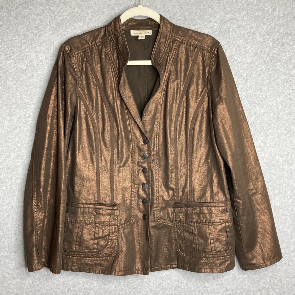 Coldwater Creek Womens Bronze Metallic Textured Button Front Jacket 14 Western